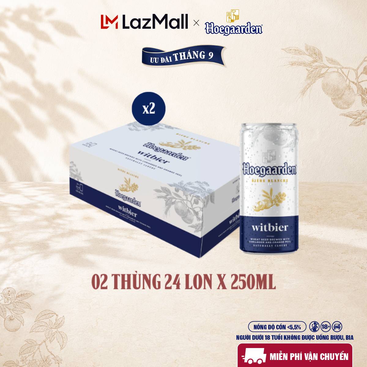 Combo 2 Thùng 24 Lon Bia Hoegaarden white bỉ thùng 24 lon (250ml/lon)