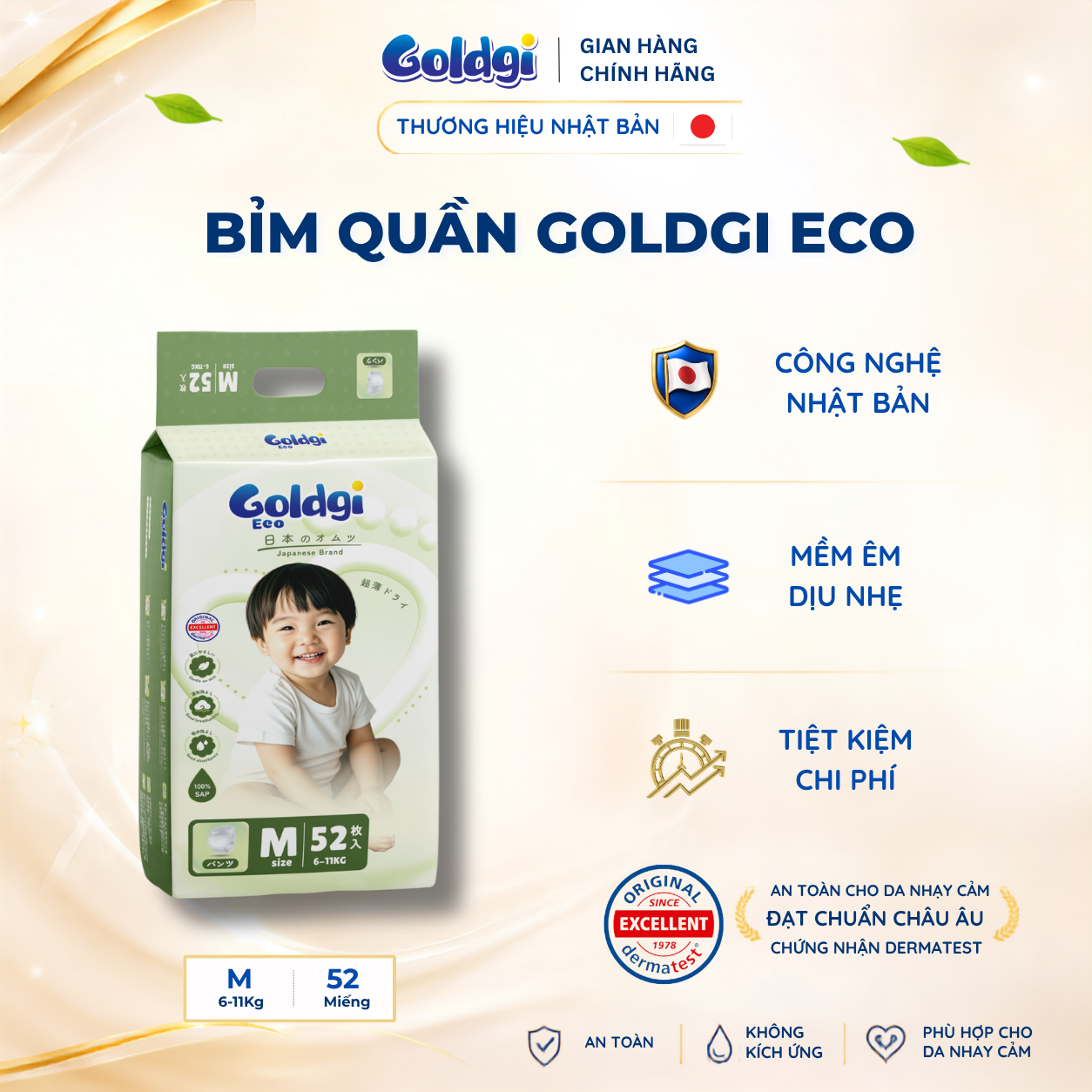 Bỉm quần Goldgi Eco New mỏng nhẹ siêu khô thoáng tiết kiệm cho mẹ bảo vệ bé mỗi ngày