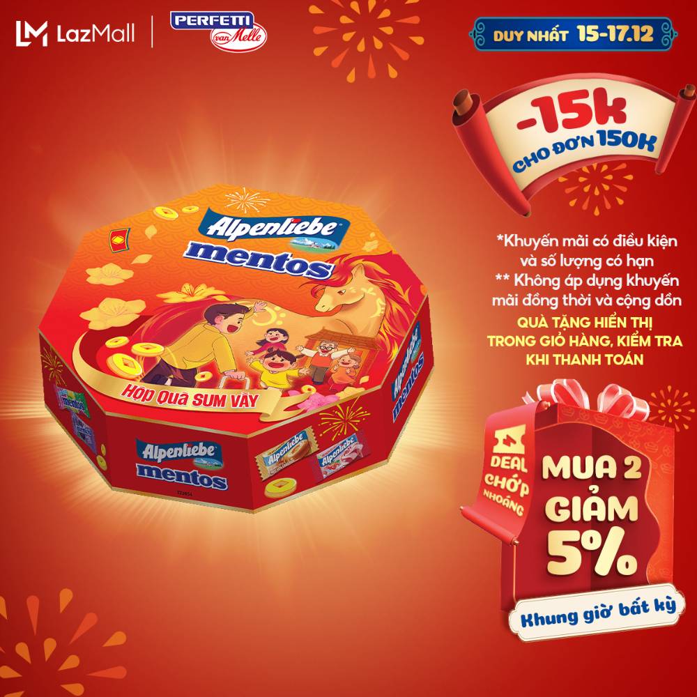 TẾT 2026 Hộp Quà Tết Sum Vầy với Hỗn hợp kẹo Alpenliebe và Mentos 209g