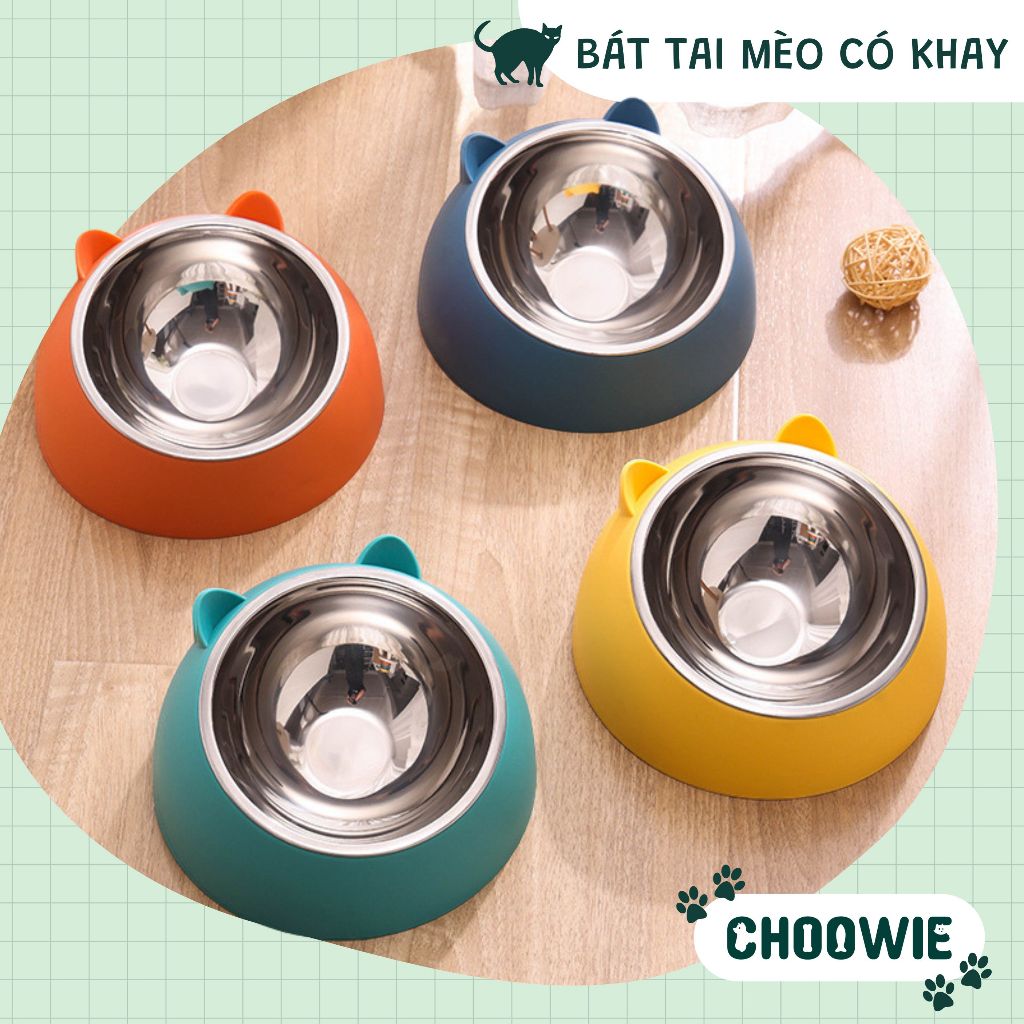 Bát tai mèo có khay inox rời | Bát ăn chó mèo