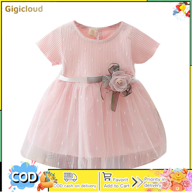 Little Girls Short Sleeve Tulle Dress Cotton Polka Dots Ribbed Knit Round Neck Flower Decor Dress ราคา 170 บาท*ส่งฟรี