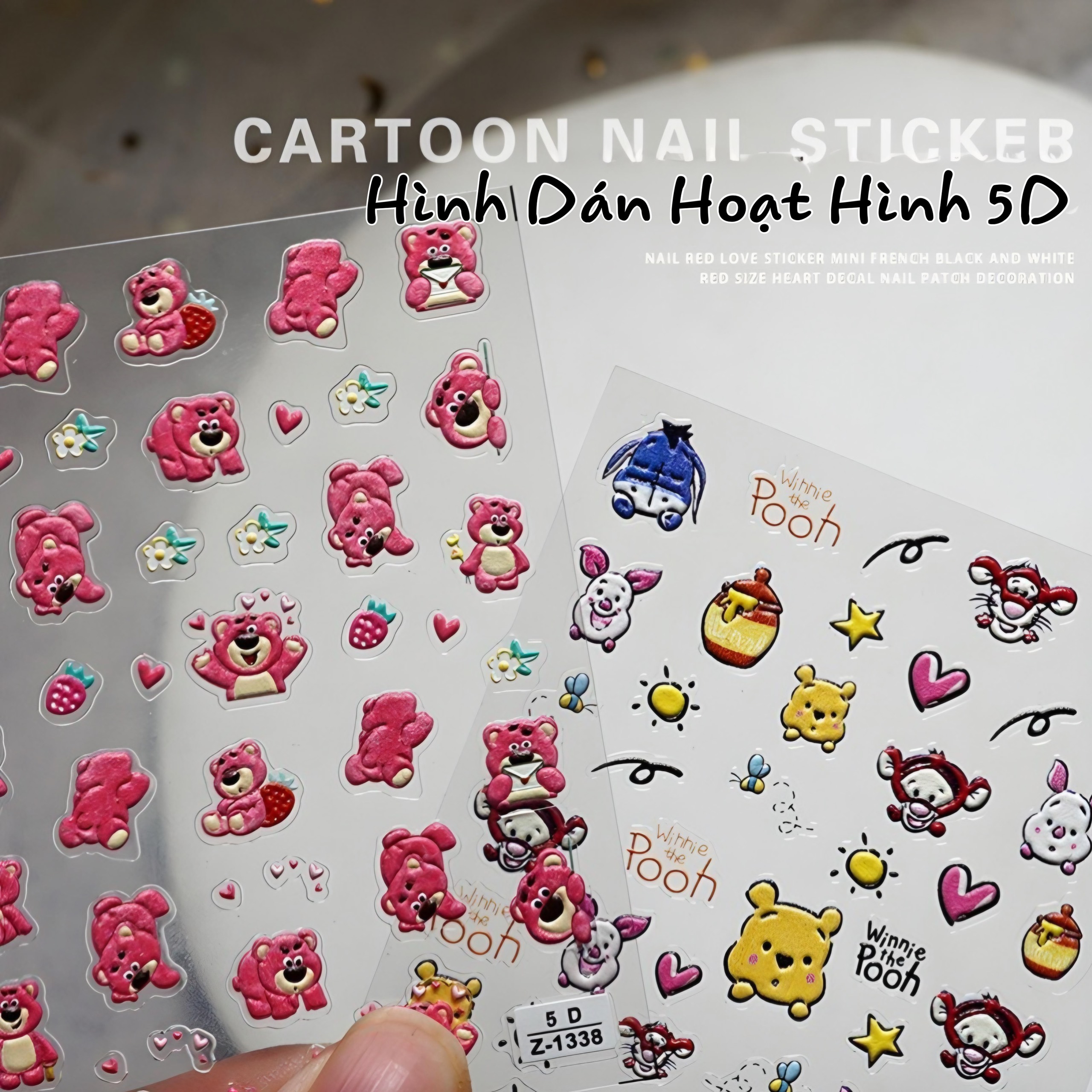 Sticker nổi 5d lụa | hoạt hình gấu dâu lotso gấu pooh hello kitty tom & jerry | dán móng tay