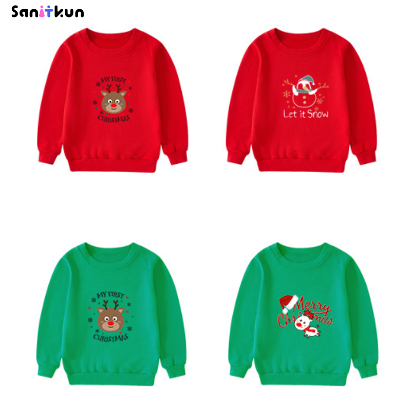 Quần áo trẻ em Giáng sinh, quần áo trẻ em, áo nỉ xanh cho bé trai, quần áo đơn, quần áo lông cừu cho bé gái, Cotton