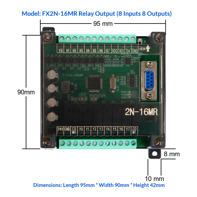 Board Mạch PLC Mitsubishi HH FX2N 10MT/MR - 32MT/MR AD/DA-232 HH2N  tải chương trình RS232 DB9 nguồn điện 24V GX-Works2 - FX2N-16MR Có Vỏ