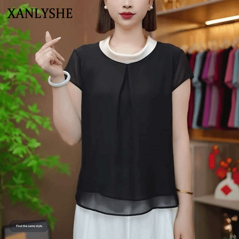 XANLYSHE เสื้อแขนสั้นผ้าลื่นใส่สบาย คอตัดต่อสีต่างกัน ดีไซน์ทันสมัย เหมาะสำหรับฤดูร้อน ราคา 216 บาท*ส่งฟรี