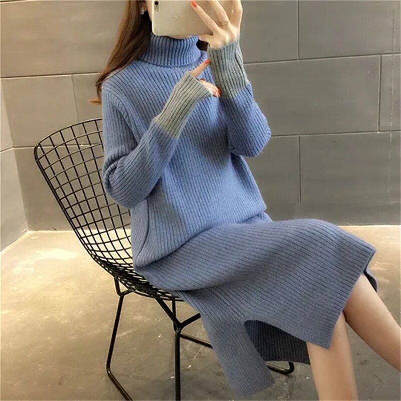 Xinrong Áo len cổ lọ dày Đầm dệt kim lỏng thanh lịch thẳng Đầm midi ấm áp thường ngày vestidos mujer áo choàng dệt kim mùa thu đông