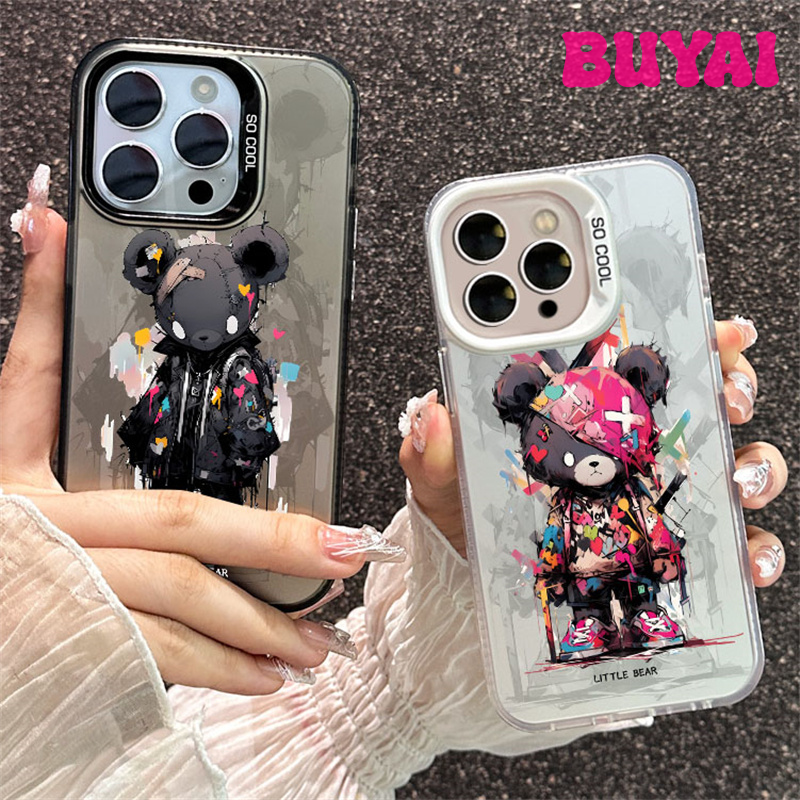 [Buyai] Ốp gấu graffiti chống sốc sang trọng cho Iphone 15 14 13 12 11 Pro Max Plus mini XR XS x Vỏ viền nâng PC cứng mờ trong suốt bằng laser