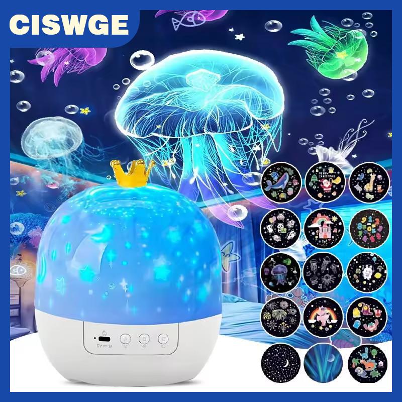 CISWGE LED Projection Night Light 15 Star Ocean Films Sky Projector Lamp Quiet Operation for Kids Sleep Aid Bedroom