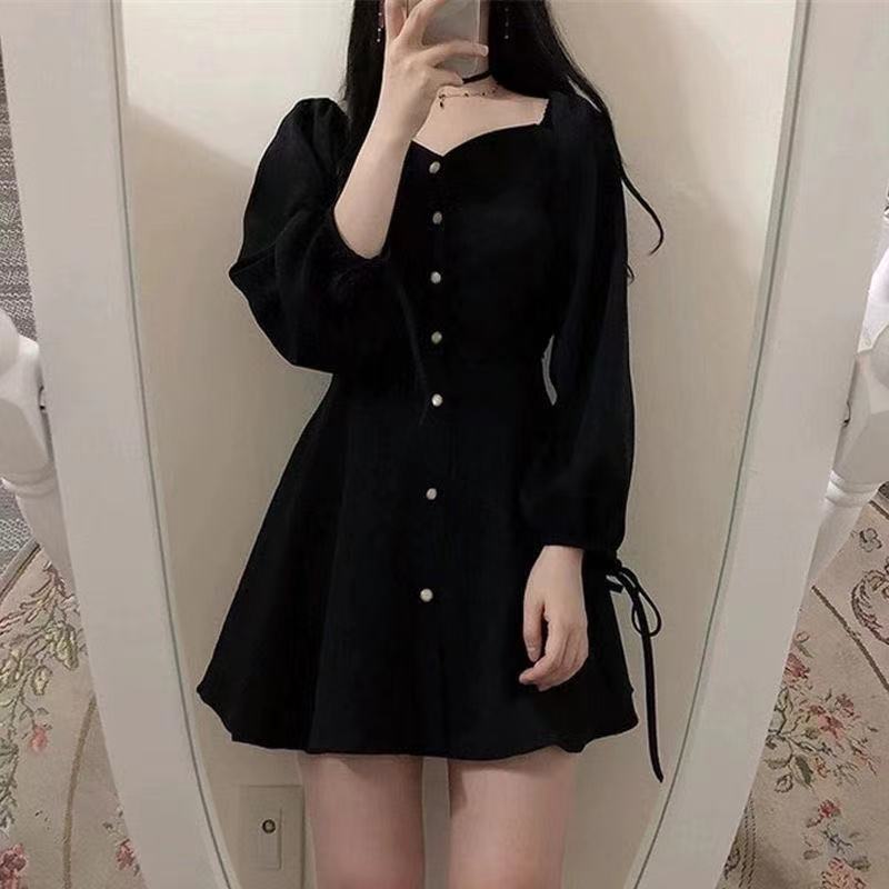 Váy trễ vai đen dài tay phòng thắc nơ cúc dọc, Váy đầm cổ vuông tim trễ vai tay dài thắc nơ cực xinh
