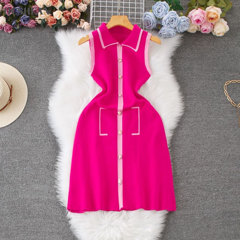 OCSHEAN New Arrival Vintage Polo Collar Sleeveless Knit Dress with Button Decor ราคา 490 บาท*ส่งฟรี