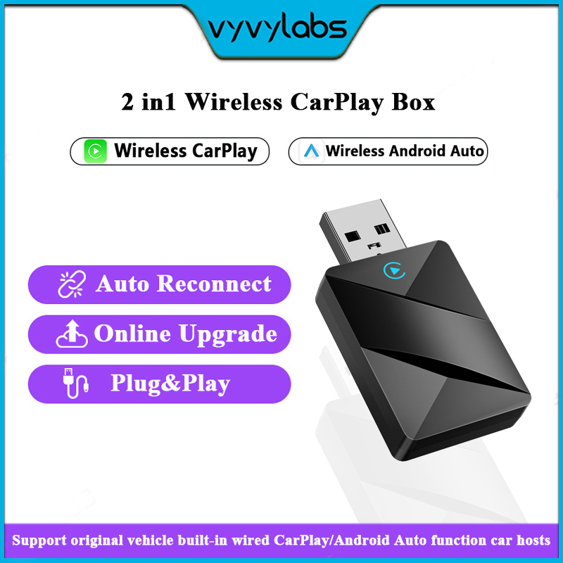  Vyvylabs Không Dây Carplay Adapter & Android Tự Động Thông Minh Mini Hộp Cắm Và Chơi 2-Trong-1 Thiết Kế USB mini Với Nhanh Chóng Ổn Định Kết Nối Xe Chơi Cho Apple iOS 10 + Android 11 + Phiên Bản 