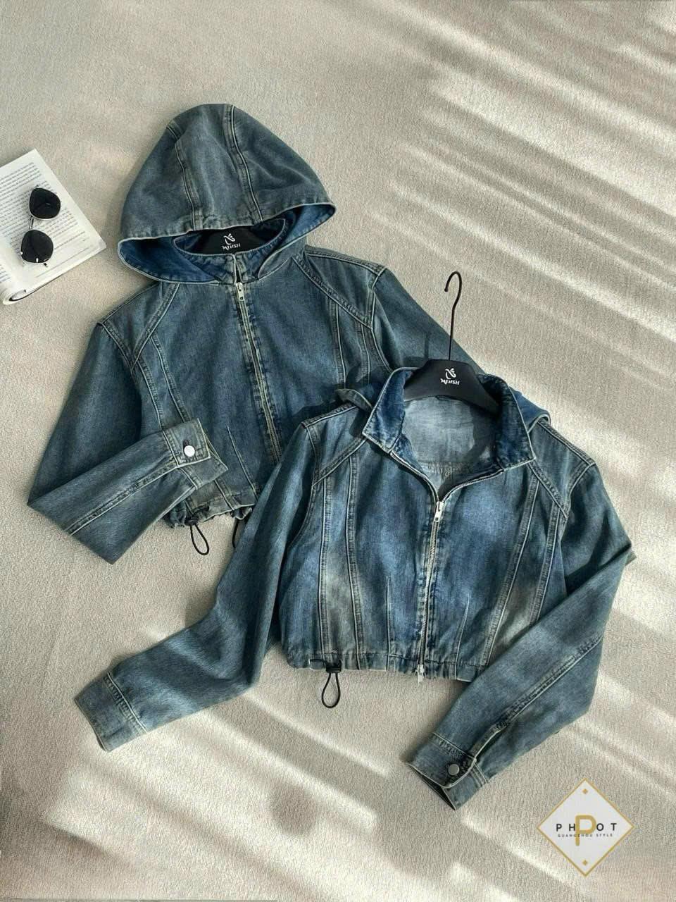 Áo khoác jean nữ có nón to dáng ngắn croptop babytee màu loang trơn nhẹ bo rút lai tay dài freesize dưới 55kg Ong Jacket Women