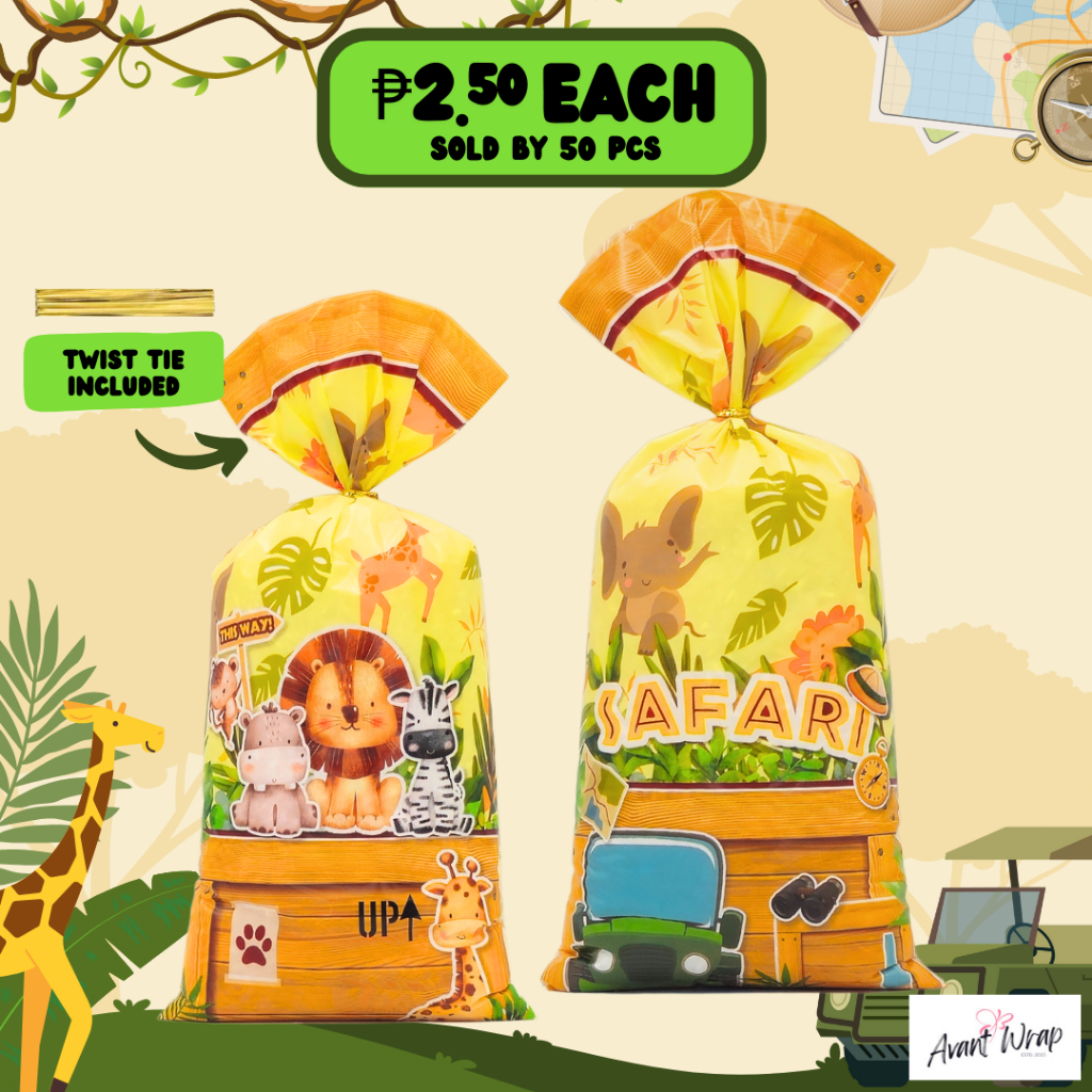 (50PCS) GG2061 Safari Jungle Lion 12X27 CM Plastic Goodie Bags Party Candy Treat Loot Bag with Tie