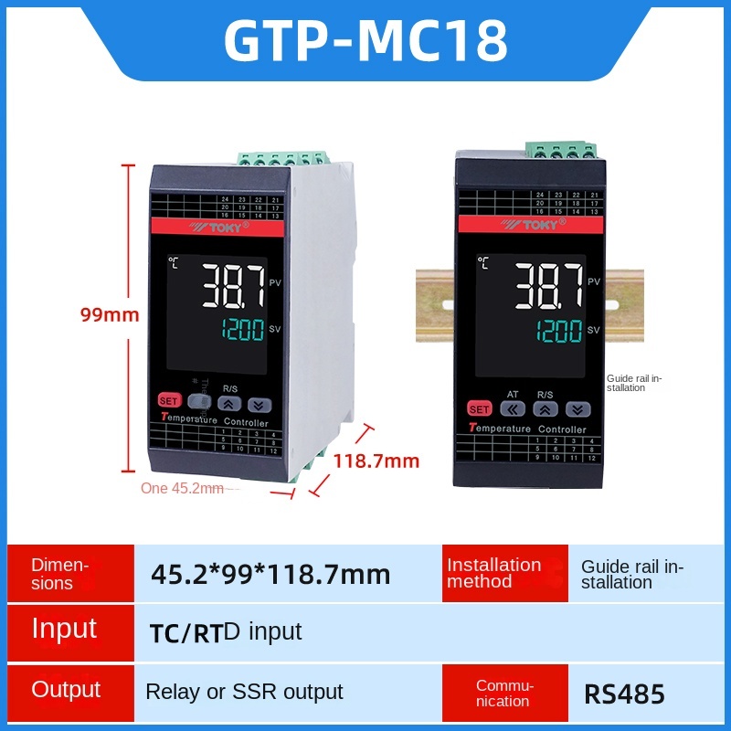 GTP-IMC18 Bộ Điều Khiển Nhiệt Độ Thông Minh TOKY in TC/RTC out : relay, SSR, 4-20ma, AL: 2 out, 4-20ma, RS485, 24V | Tùy chọn - GTP-MC10/MC18 | 4 Kênh Rail DIN | Chống Nhiễu Mạnh | Hiển Thị LCD