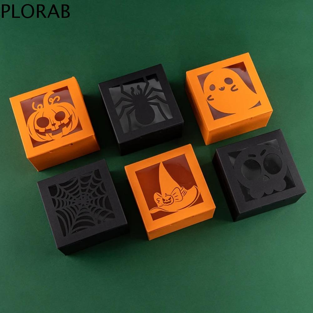 PLORAB 50PCS Hình vuông Hộp quà kẹo Halloween Cửa sổ trong suốt Họa tiết ma/bí ngô/nhện Hộp bánh quy Đồ dùng tiệc theo chủ đề Giấy kraft Hộp đóng gói kẹo Tiệm bánh