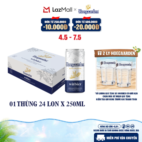 Thùng 24 Lon Bia Hoegaarden White - Bia Bỉ Chính Hiệu Lúa Mỳ (250ml/lon)