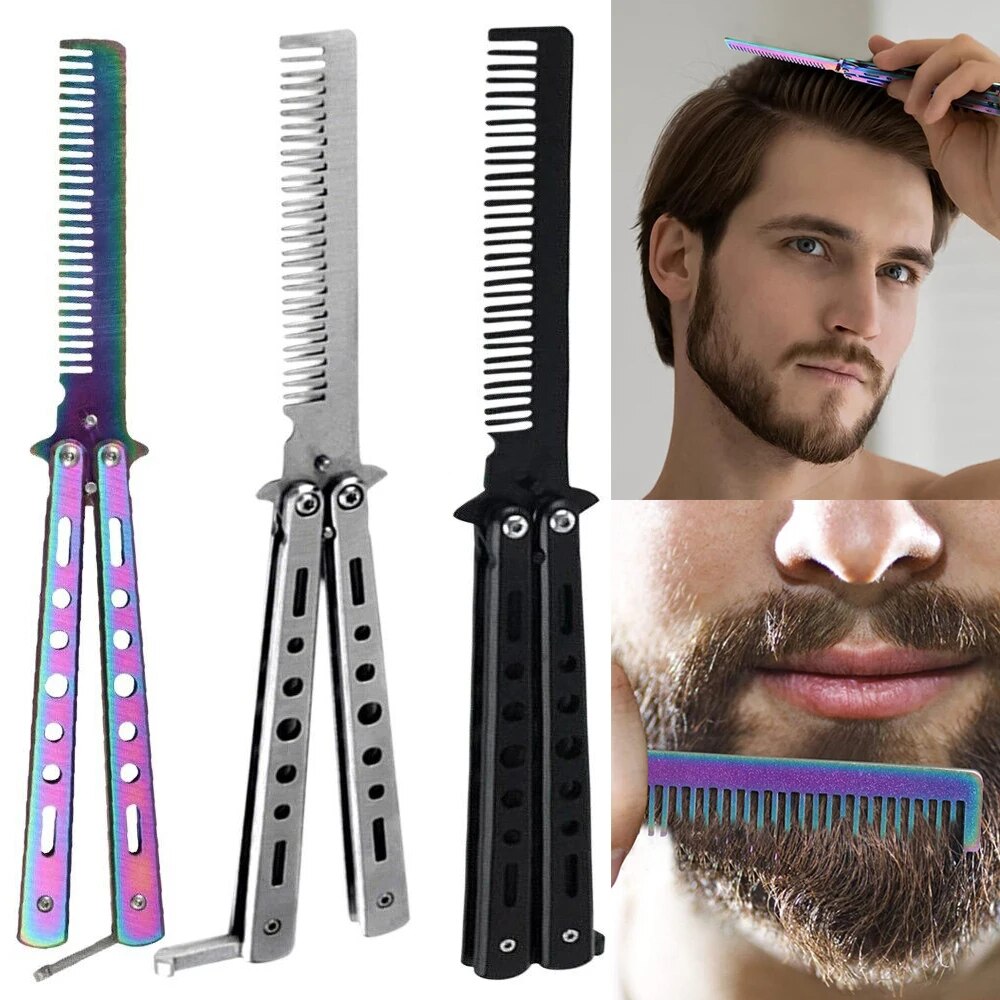 Foldable Hair Comb Stainless Steel Practice Training Butterfly Knife Comb Beard Moustache Brush Salo