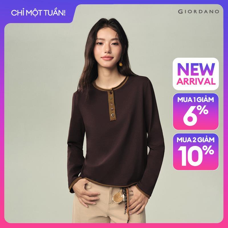 GIORDANO Women T-Shirts Contrast Rolled Edge Cotton Tee Henley Neck Long Sleeve Fashionable Casual Regular T-Shirts 18326633