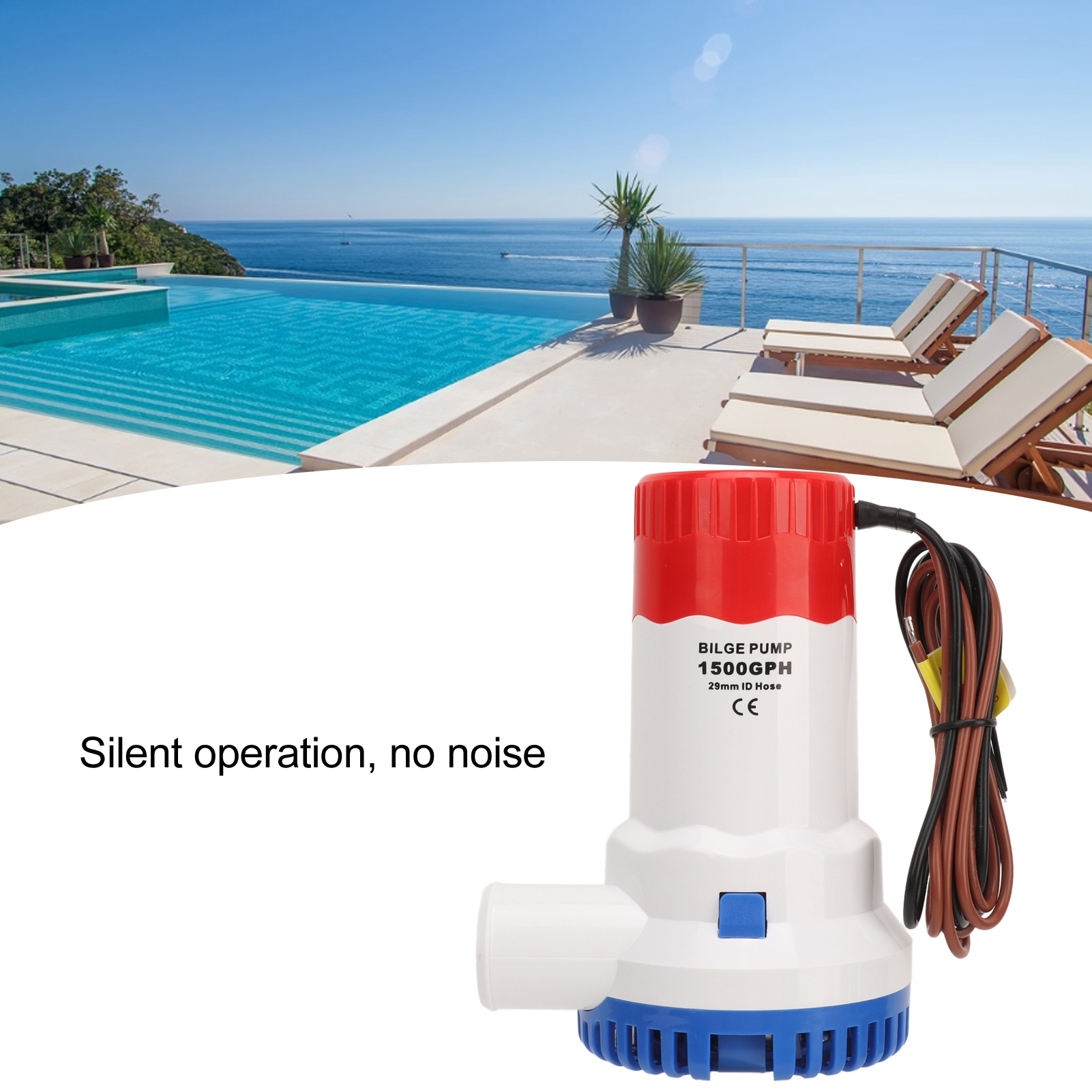 Bơm đáy tàu 1500gph bơm đáy im lặng dễ lắp đặt cho bể bơi (12V)