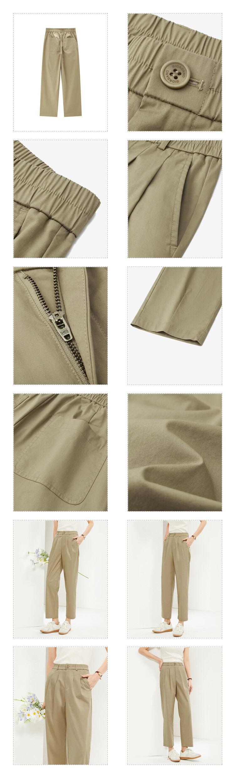GIORDANO Pantaloni da donna in vita elastica Pantaloni plissettati lisci Tasche oblique alla caviglia Pantaloni casual semplici di base alla moda 05424332