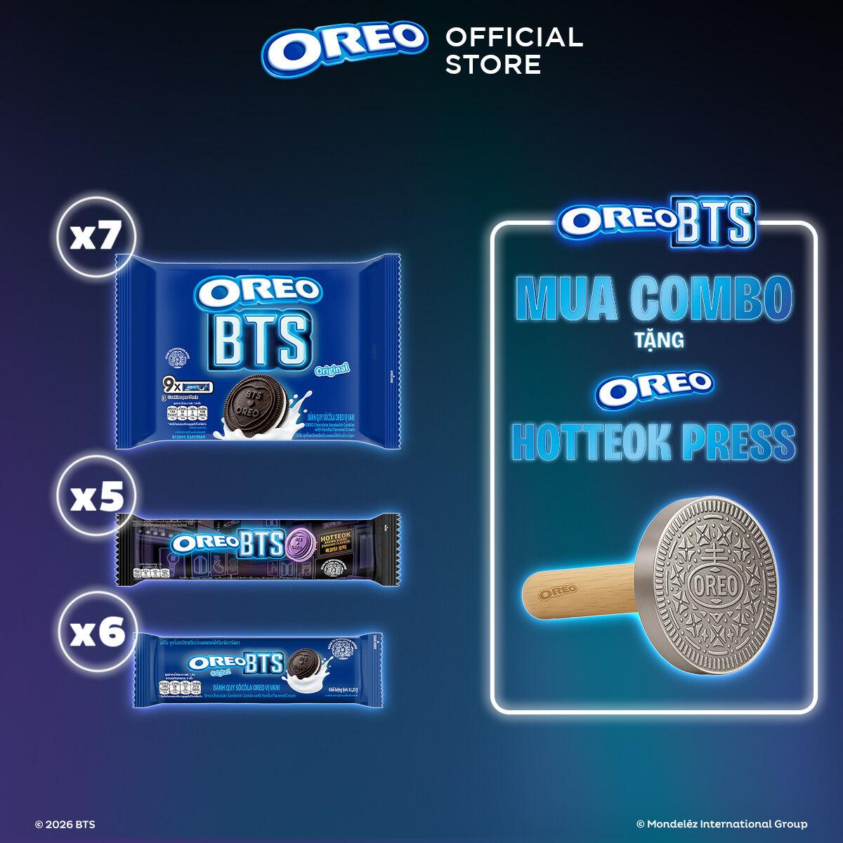 [Bao gồm dụng cụ ép bánh HOTEOK] OREO BTS Bánh Quy Tím Kẹp Kem Vị Bánh Nướng Đường Nâu Hotteok & Vị Vani (Combo 18)