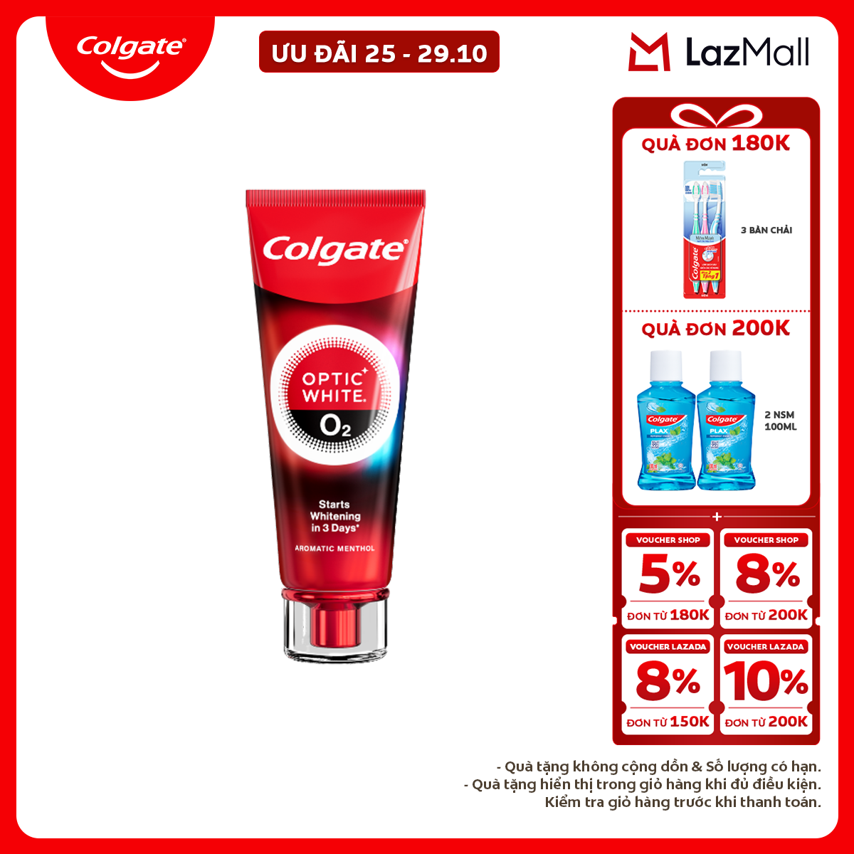 Kem Đánh Răng Colgate trắng răng đột phá CHỈ TRONG 3 NGÀY Optic White O2 với Oxy Hoạt Tính 85g/ tuýp