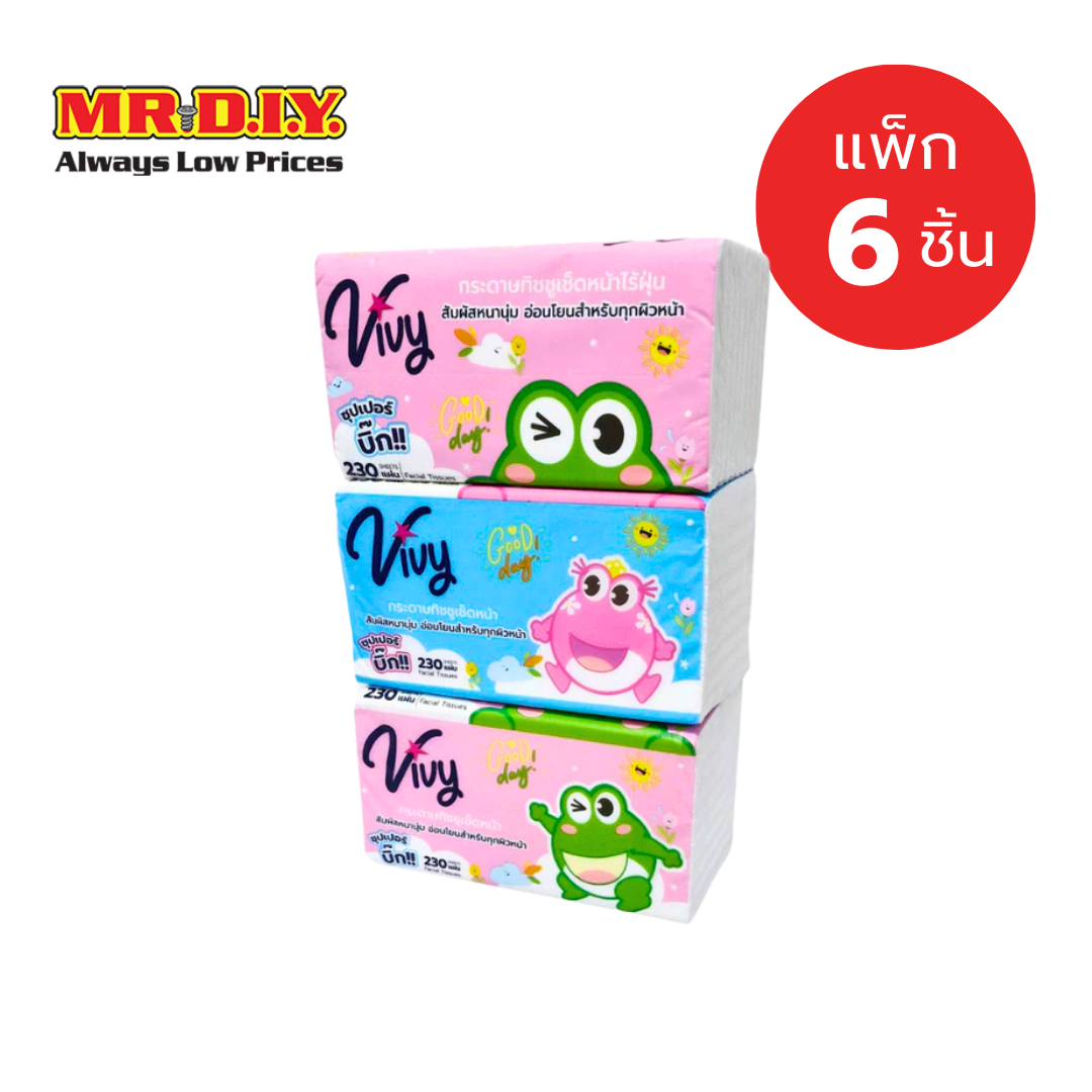 [แพ็ก 6 ชิ้น] VIVY กระดาษเช็ดหน้าสีขาว ซอฟ แพ็ก จำนวน 230 แผ่น ราคา 160 บาท*ส่งฟรี