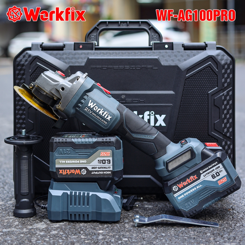 Máy mài, máy cắt pin Workfix WF-AG100PRO Có Anti-Kick Back chống lật cổ tay / Pin khủng 15 cell / 3 cấp tốc độ / Chân pin phổ thông