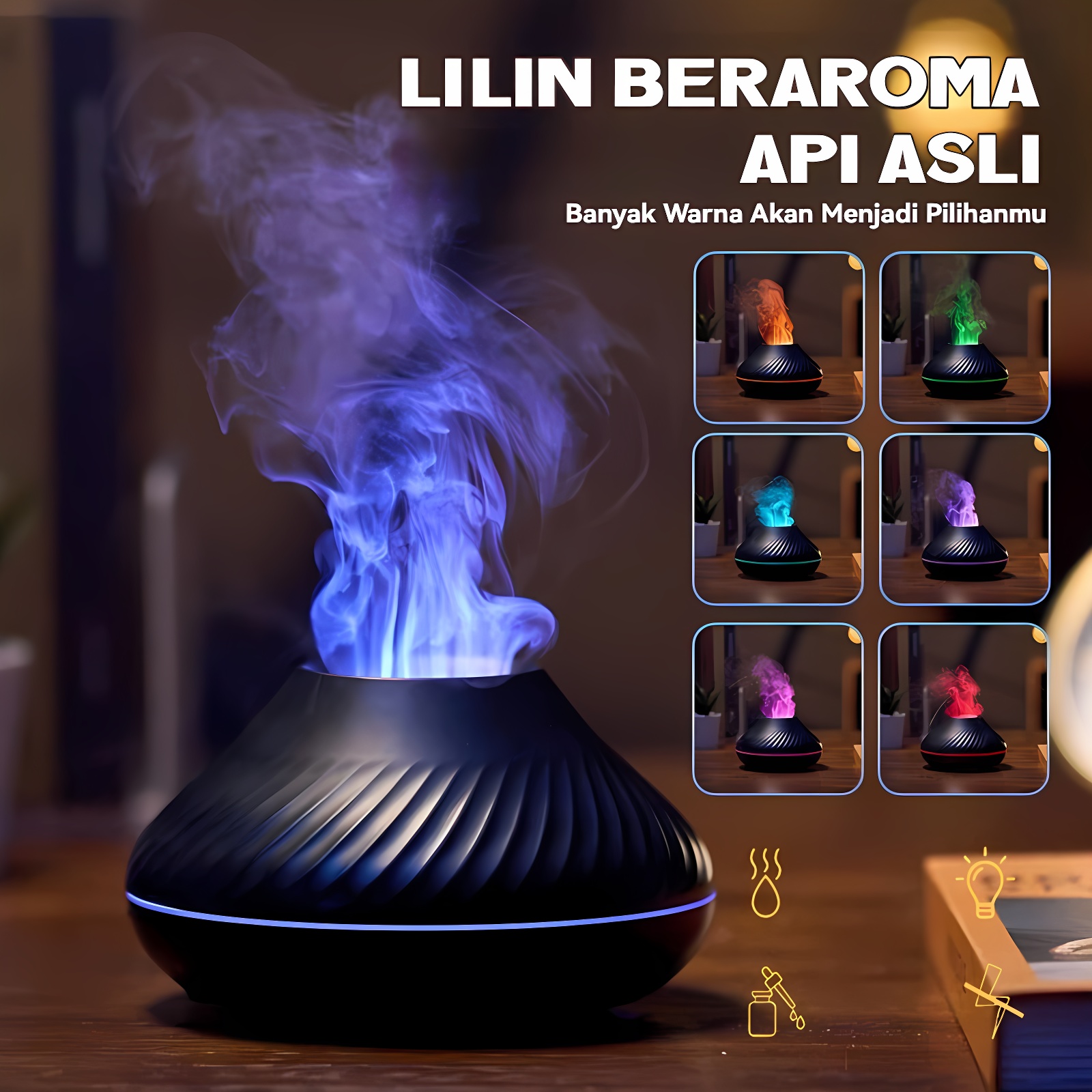 130ml Fragrance Diffuser Fire Humidifier Simulasi Mesin Aromaterapi Api Lampu Malam Warna