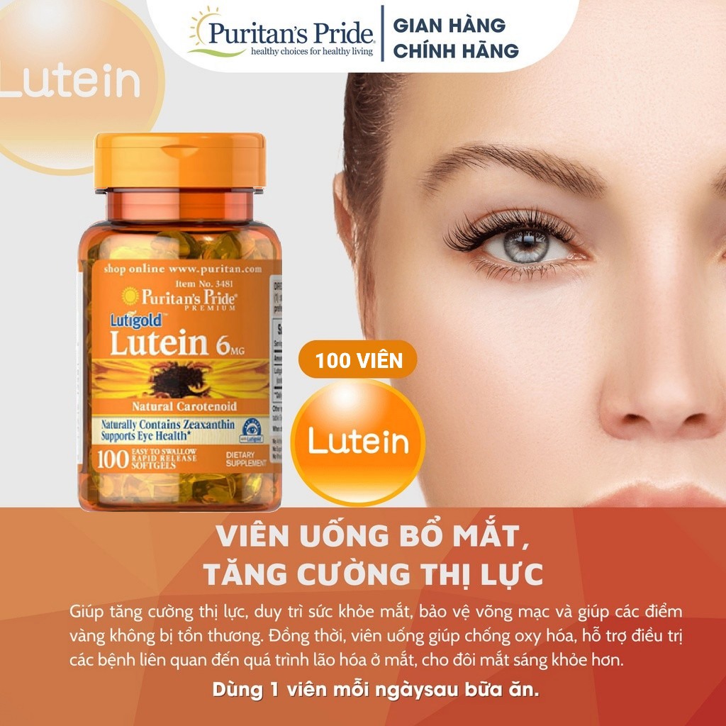 Tăng cường thị lực cho bé và chống ánh sáng xanh cho mắt Puritan's Pride Luitigold Lutein 6mg 100 viên của Mỹ - Hỗ trợ khả năng nhìn xa, khả năng hấp thu chuyên biệt những ánh sáng màu xanh, hỗ trợ chức năng hoạt động của mắt, cải thiện tầm nhìn và duy tr