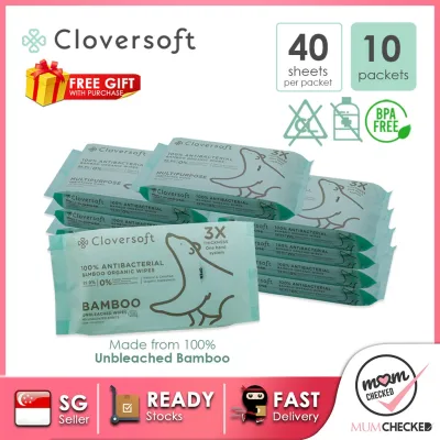 *Set Of 10* Cloversoft 100% Antibacterial Wet Wipes, 40 Sheets | Unbleached Bamboo | Baby Wipes | Wet Wipe | Safe For Baby | High Quality | Unscented | Aloe Vera | Sensitive Skin | MumChecked