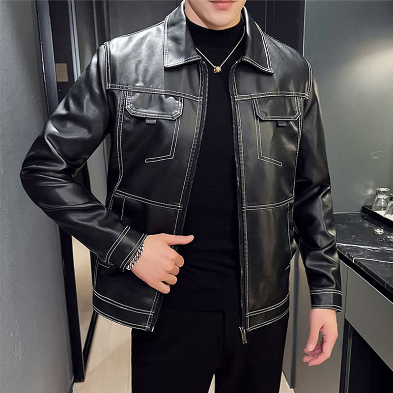 IEFB Chain Decorated Biker Clothes Men's Casual PU Leather Jacket