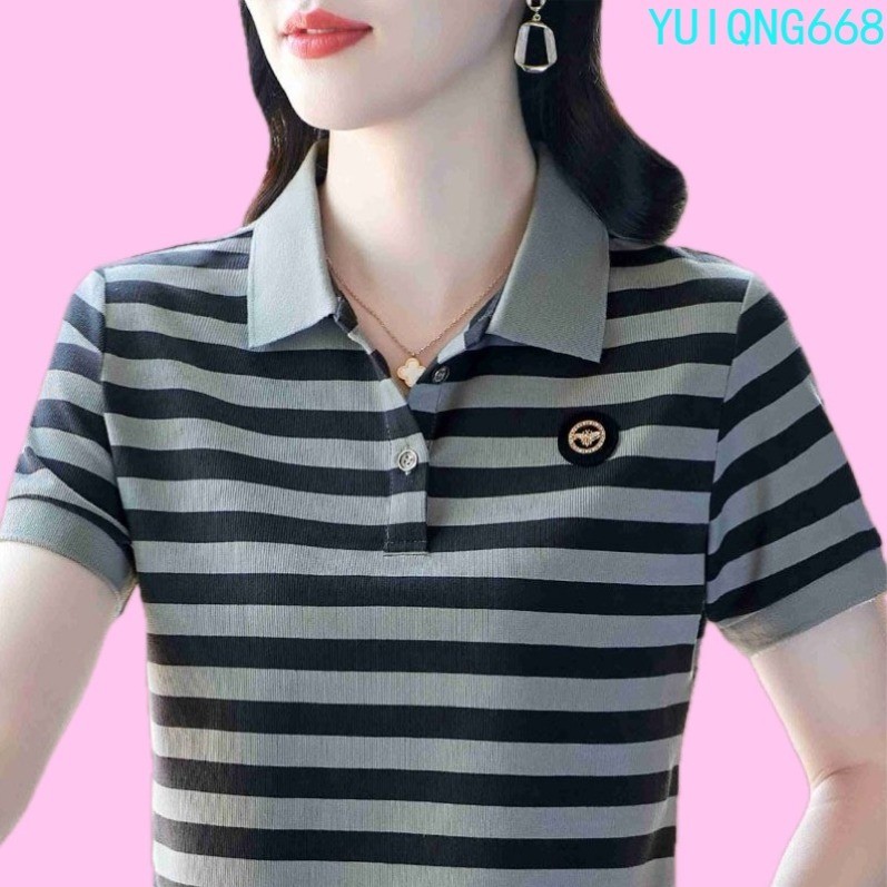 Áo Polo áo cho nữ áo thun ngắn tay sọc áo cổ gấp ĐẦM MÙA HÈ cho mẹ TRUNG NIÊN Phiên bản hàn quốc nữ