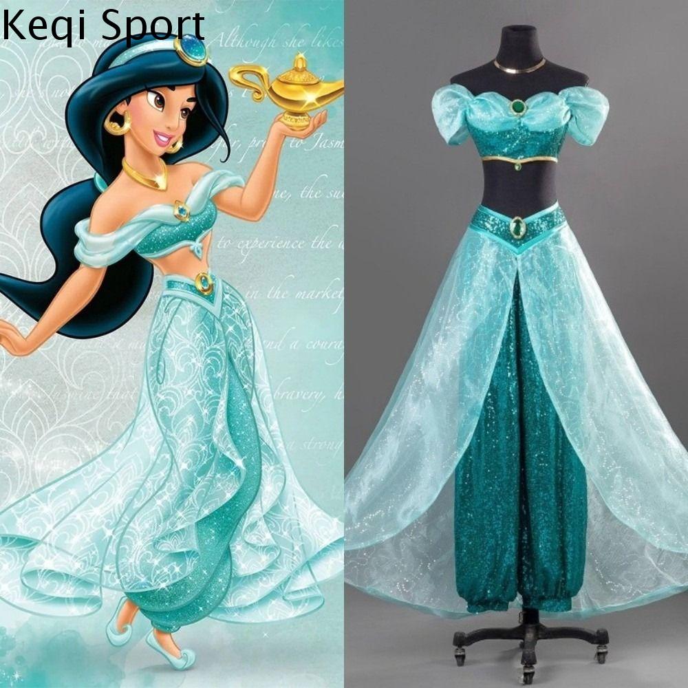 KEQI Aladdin's Magic Lamp Jasmine Princess Cosplay Costume Jasmine Princess Mesh Dress with Hairband Birthday Parties Cosplay Costume Sweet Cute Green Long Pants Cosplay Dress Up Set Adults Women Harga  191 Ringgit*Penghantaran Percuma