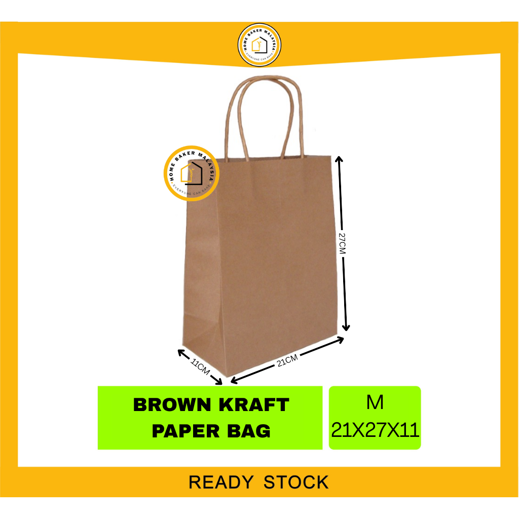 BROWN KRAFT PAPER BAG WITH HANDLES / BEG KERTAS 1PC - HOME BAKER MALAYSIA