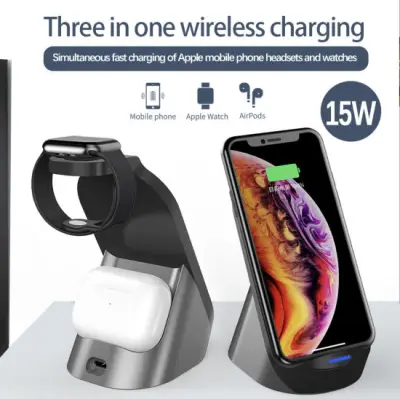 15W Wireless Charger 3 in 1 Fast Charging Dock Qi-Certified for Apple Watch, Airpods Pro, Iphone 12