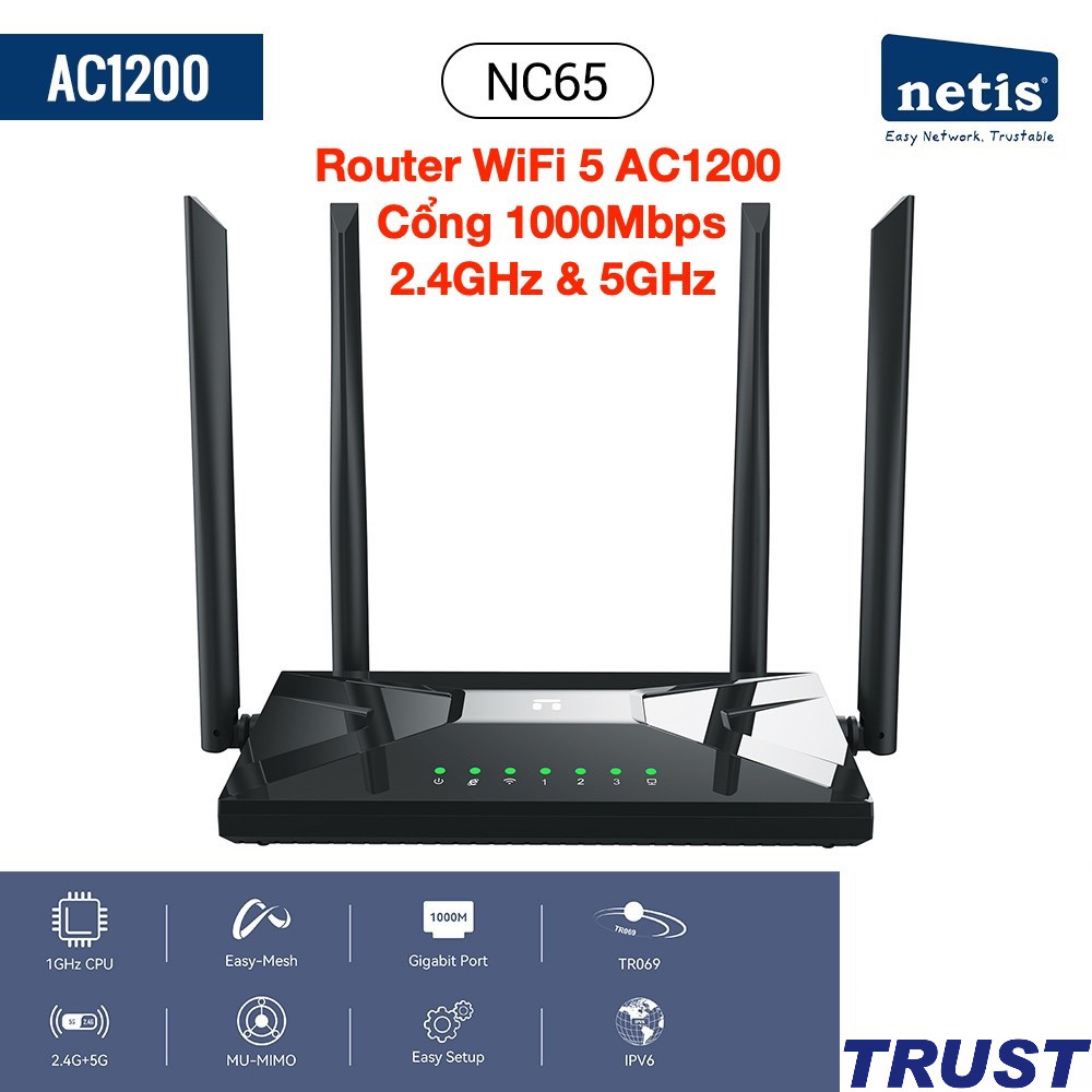 Router WiFi 5 AC1200 - Cổng 1G - Netis NC65 - Băng Tần Kép 2.4GHz & 5GHz - Nhỏ Gọn - Vùng Phủ Lớn