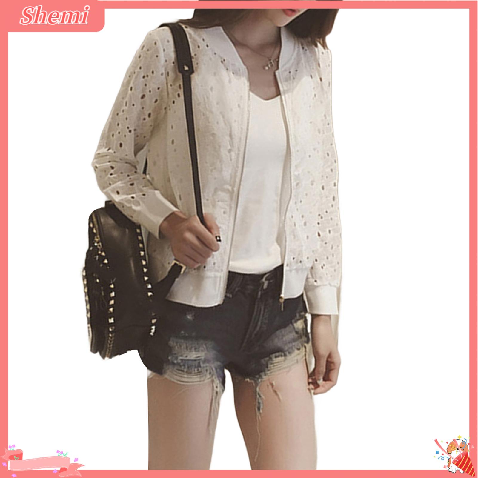 Shemi thời trang nữ Áo Khoác Phụ Nữ Áo khoác ngắn ren mỏng nhẹ Áo Khoác Cho Phụ Nữ Đứng Cổ Áo khoá kéo Áo bóng chày Tay áo dài áo khoác ngắn Hợp Thời Trang chạm khoét Thiết Kế