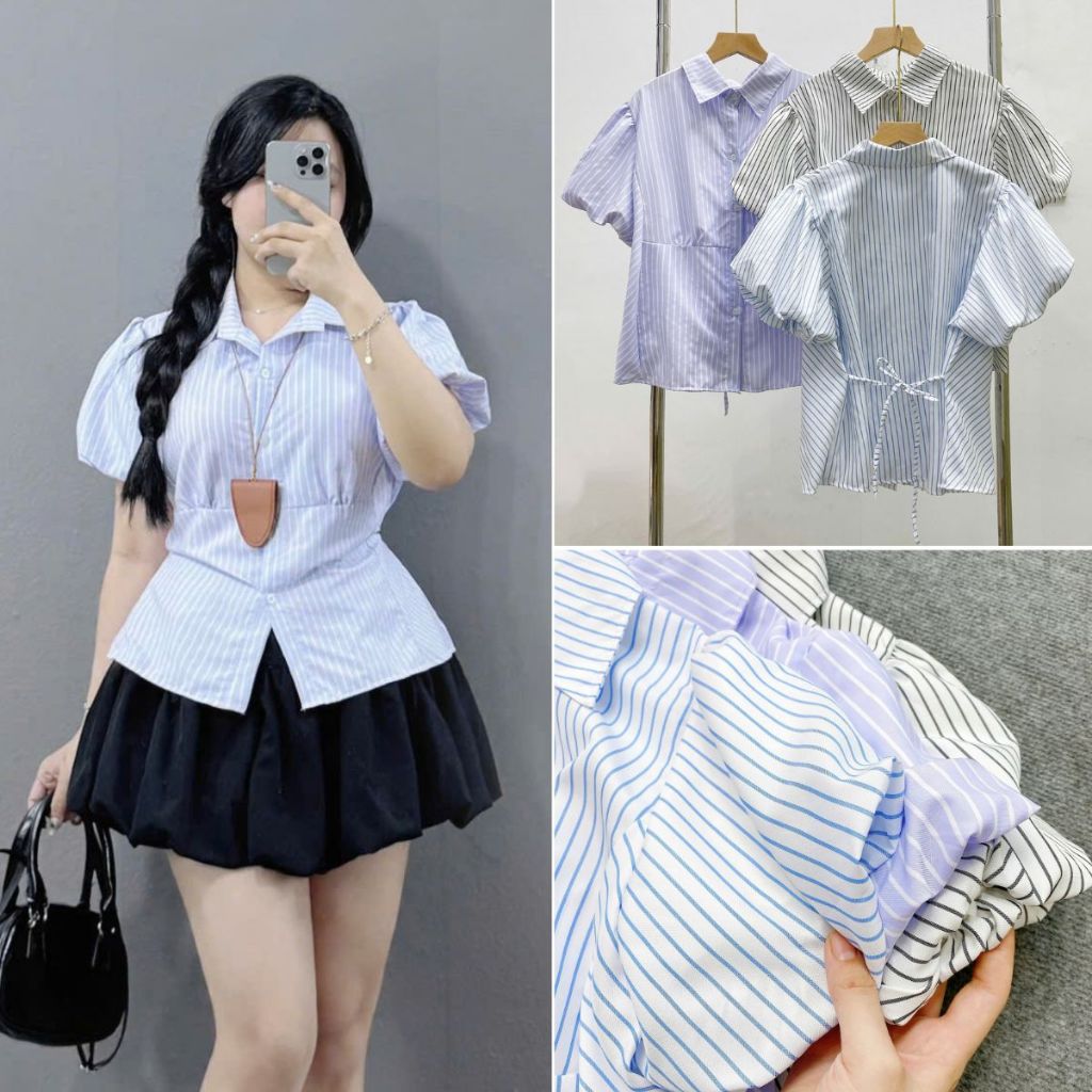 Áo sơ mi kiểu bigsize nữ tay bồng cột dây thắt eo tôn dáng vải kate thái sọc mềm mát tiểu thư thanh lịch -SM189 