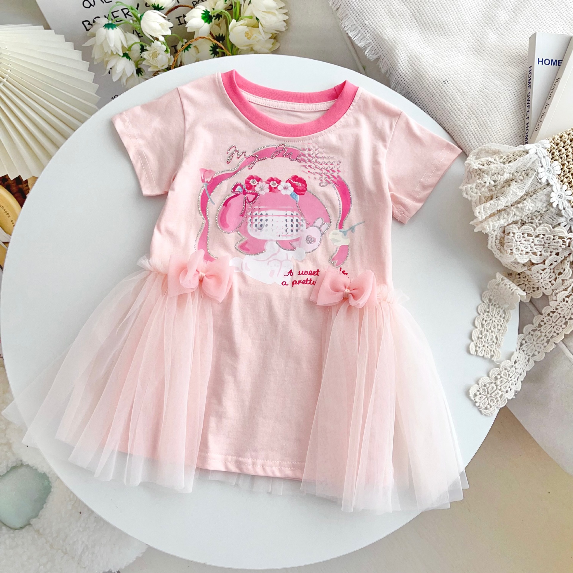 【 100% Cotton 】 Summer Dress for Girls Short Sleeved Mesh Princess Dress for Kids Diamond Sparkling Cute Baju Budak Perempuan Kuromi Princess Dresses for Kids Girl Dress Budak Perempuan - 4