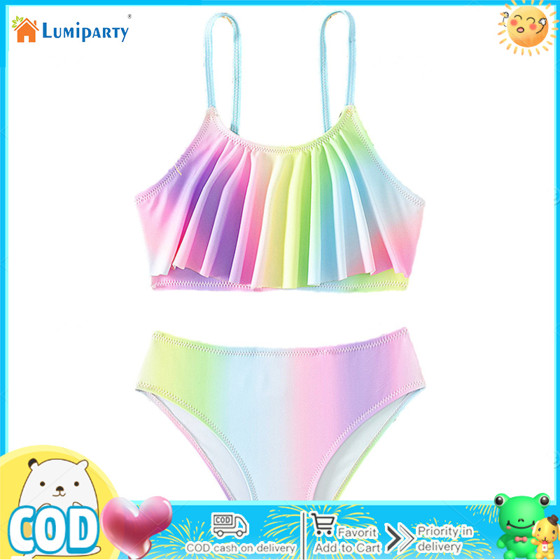 Girls Bikini Swimsuit Two Pieces Ruffle Chest Design Spaghetti Strap Round Neck Summer Beach Bathing Suit For Indoor Outdoor Swimming Infant Girl Toddler ราคา 175 บาท*ส่งฟรี