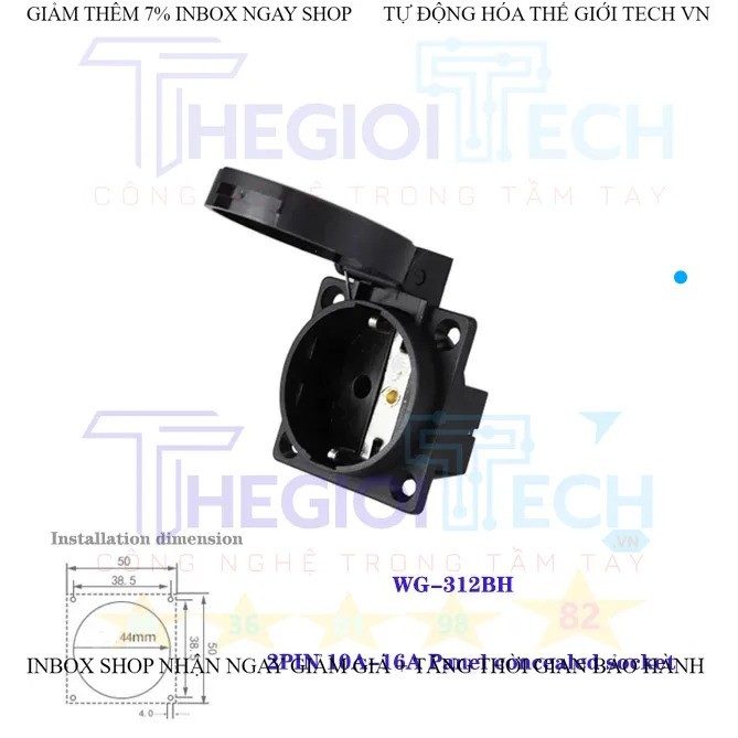 Phích cắm + ổ cắm 2P 16A kết nối kiểu công nghiệp hai lỗ 2 chấu + PE chống nước và chống bụi treo tường ổ cắm 220V 1 PHA TGT - WG-312BH