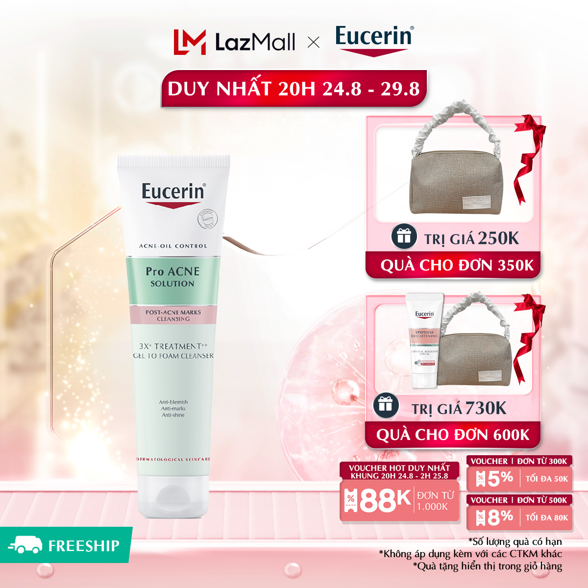 Gel rửa mặt cho da mụn Eucerin Pro Acne 3X Treatment Gel To Foam Cleanser 150ml/75ml