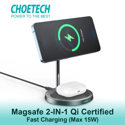 CHOETECH Wireless Charger, Qi-Certified Magsafe 2-IN-1 15W Fast Wireless Charging Stand Station, Come with USB-C Cable, Compatible with iPhone 12/12mini/12Pro/12Pro Max/SE 2020/11/11 Pro and Airpods Pro.
