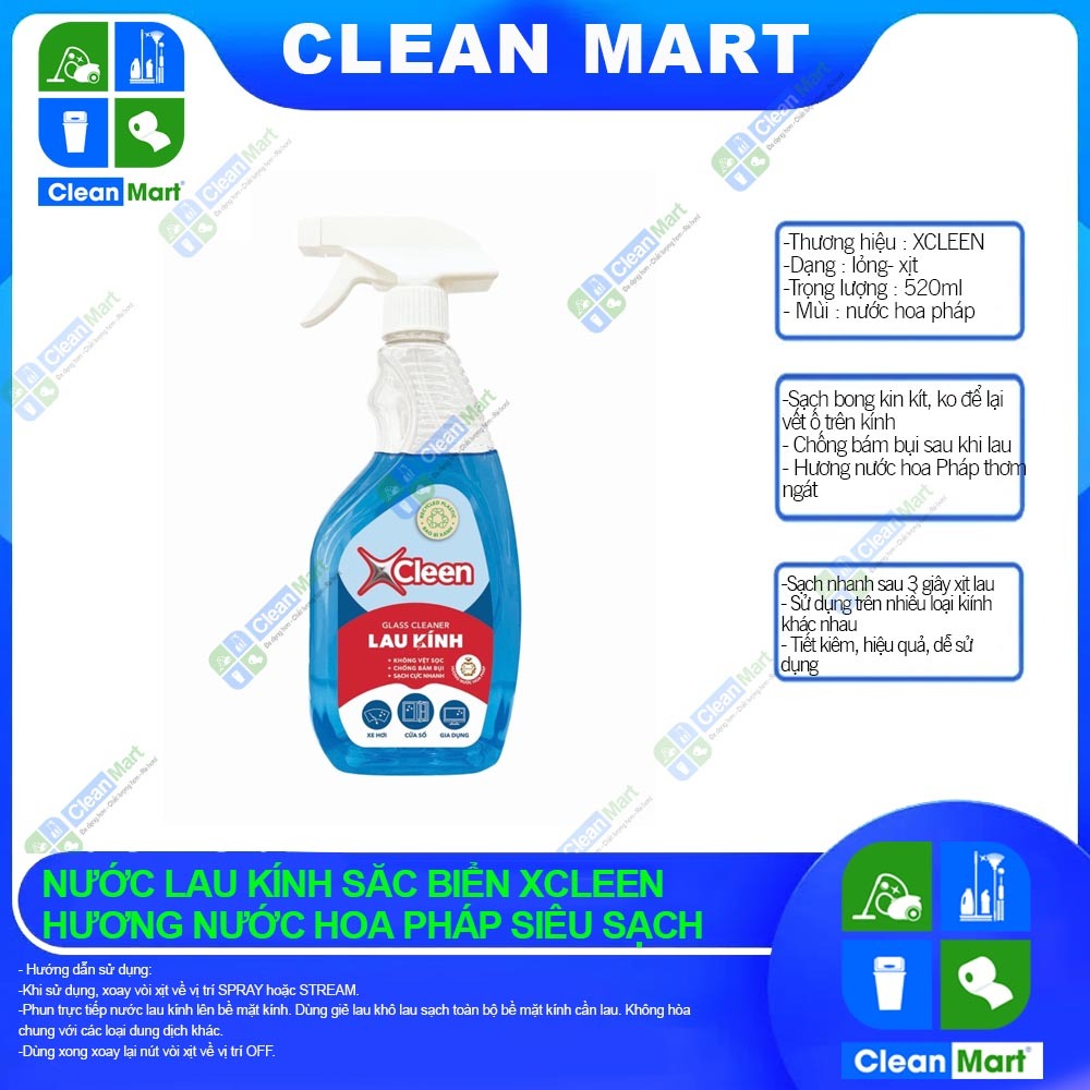 Nước Lau Kính X-Cleen Sắc Biển 520ml Hương Nước Hoa Pháp Siêu sạch - CLEAN MART