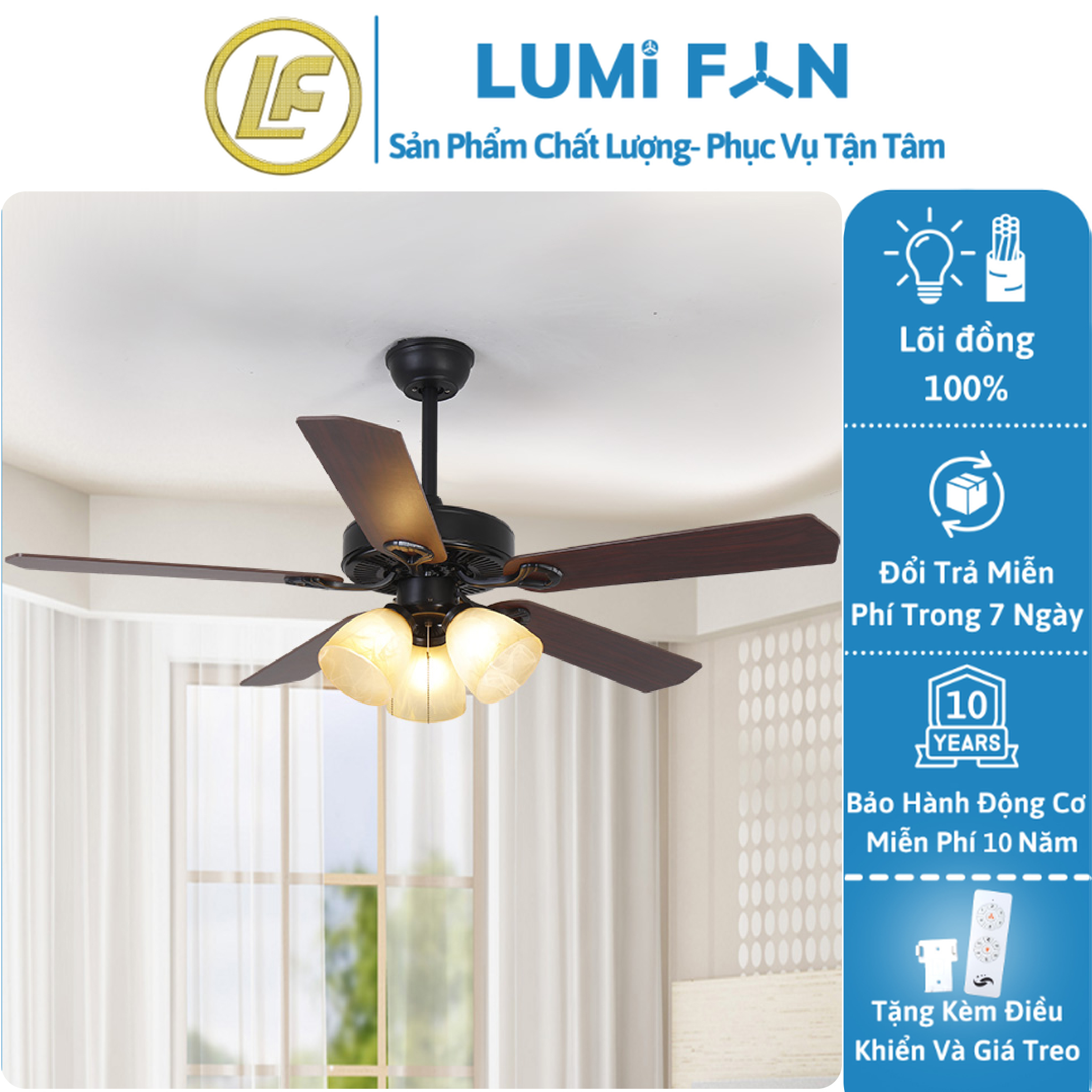 Quạt đèn trần trang trí lumifan, sải cánh 152cm, quạt trần đèn decor, quạt trần trang trí, bh 10 năm, mã 52kjyy-716