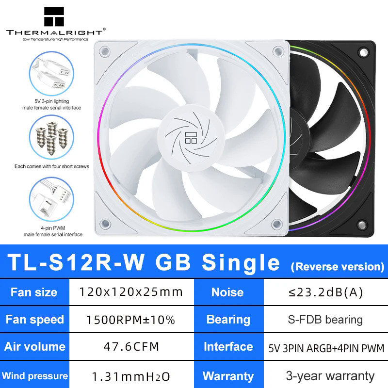 Thermalright TL-S12R-W trường hợp fan hâm mộ 120mm Halo ngược CPU làm mát Fan hâm mộ CPU làm mát khô