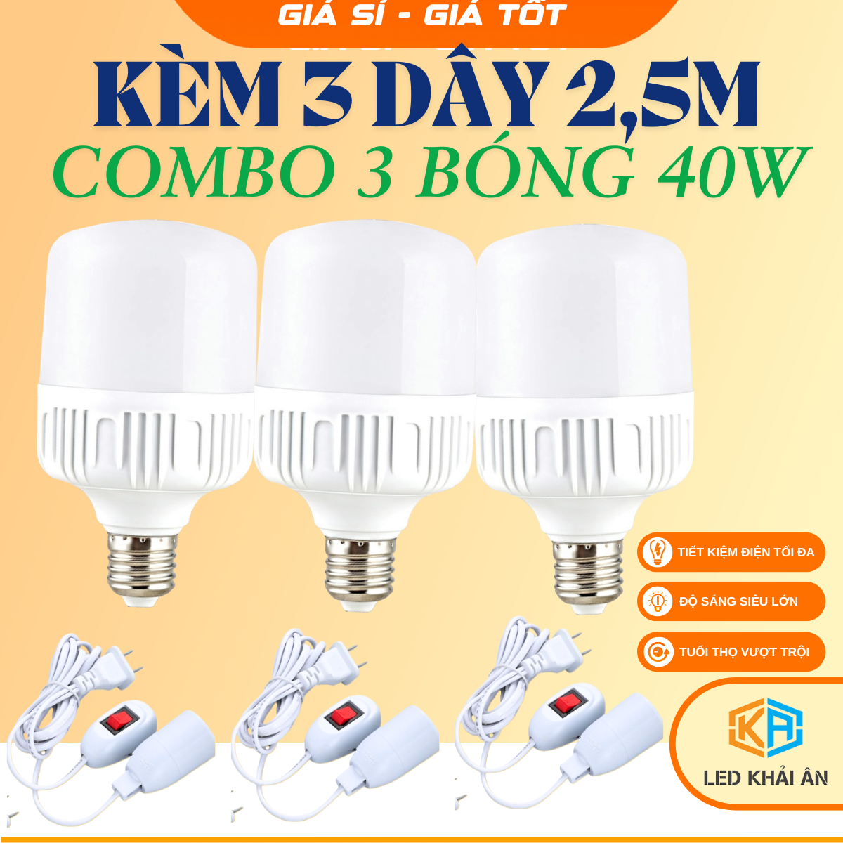  Combo 3 bóng led 40w kèm 3 dây 2,5m. Tiết kiệm điện. Bảo hành đổi mới 12 tháng. Led Khải Ân 