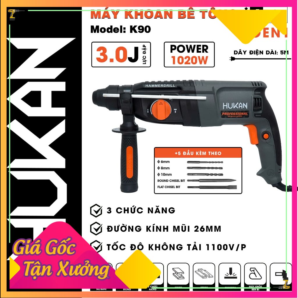 Máy khoan đục bê tông HUKAN K90, 3 Chức năng, Công suất 1020W, Tặng Bộ 5 Mũi khoan và Đục