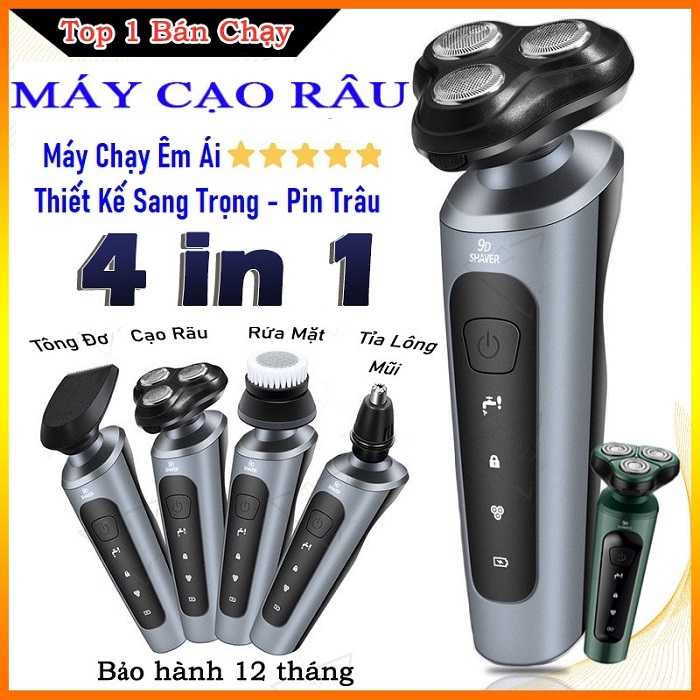 Máy cạo râu sạc điện 9D Shaver 4 trong 1, cạo râu, tỉa lông mũi, cắt tóc, chống nước tuyệt đối, máy cạo râu khô cho nam 3 lưỡi dao vệ sinh thay thế